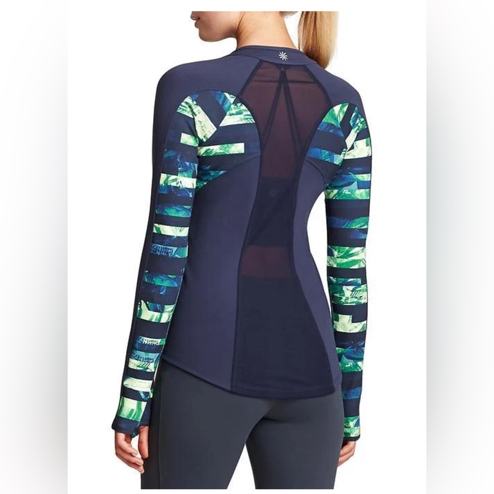 Athleta Full Tilt Jacket Navy Blue Green Tropical Print Mesh Back 243001 Small